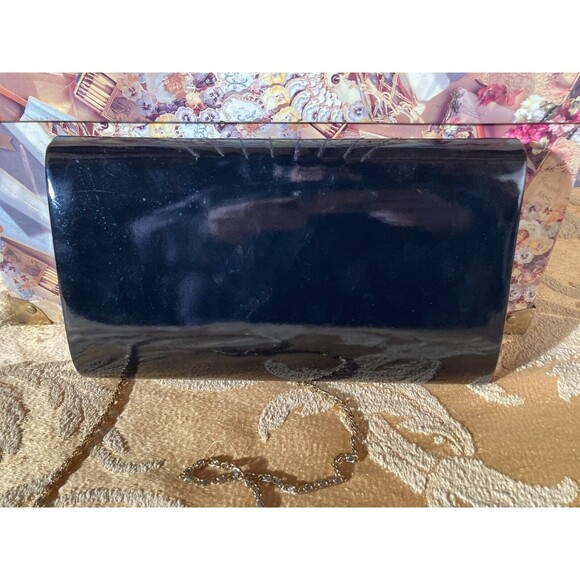 Vintage 80s Purse 1980s Black Patent Gold Chain Glam Retro Chic Handbag - Picture 2 of 5